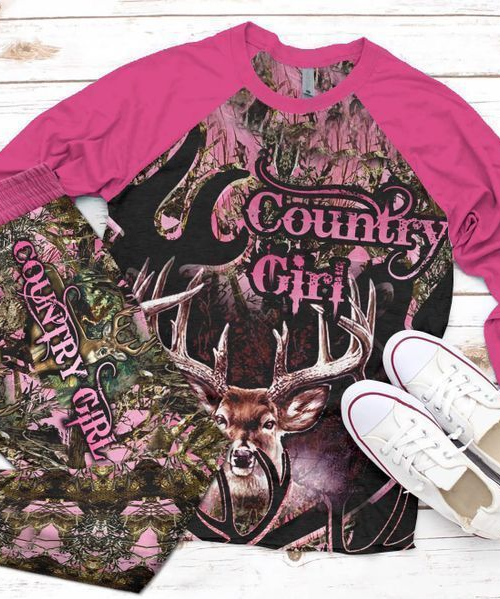 Deer Hunting Country Girl Pink Awesome Pajama Set |Sleepwear Pjs Sets | Raglan Shirt Pants Set
