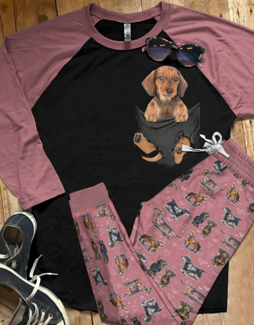 Dachshund Pocket Pink Nice Pajama Set |Sleepwear Pjs Sets | Raglan Shirt Pants Set