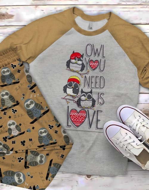Owl Ed Love Khaki Amazing Pajama Set |Sleepwear Pjs Sets | Raglan Shirt Pants Set