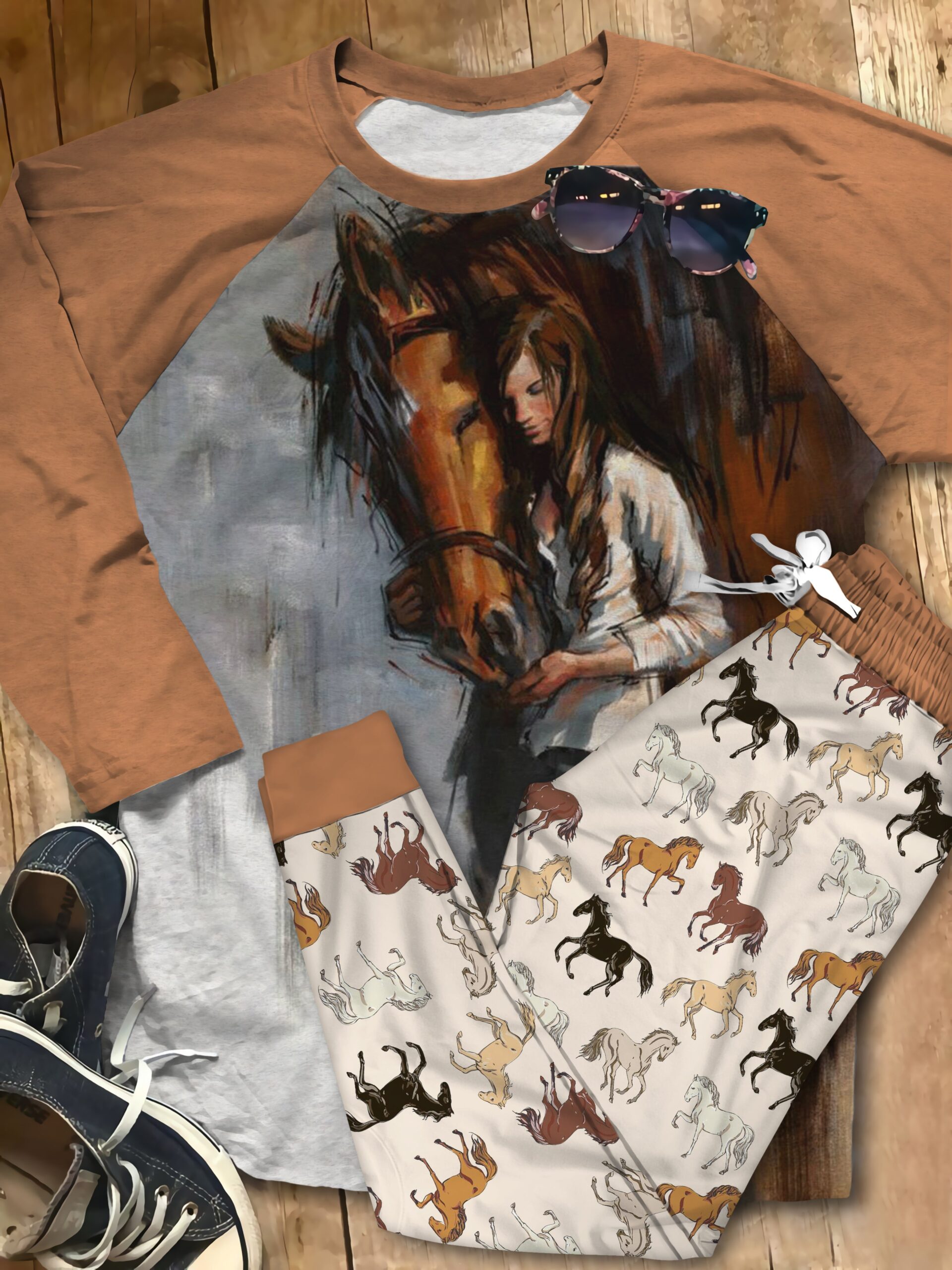 Horse Girl Orange Best Pajama Set |Sleepwear Pjs Sets | Raglan Shirt Pants Set - Image 2